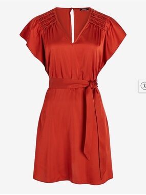 Express Satin V-Neck Flutter Sleeve Tie Waist Mini Dress - Burnt Orange